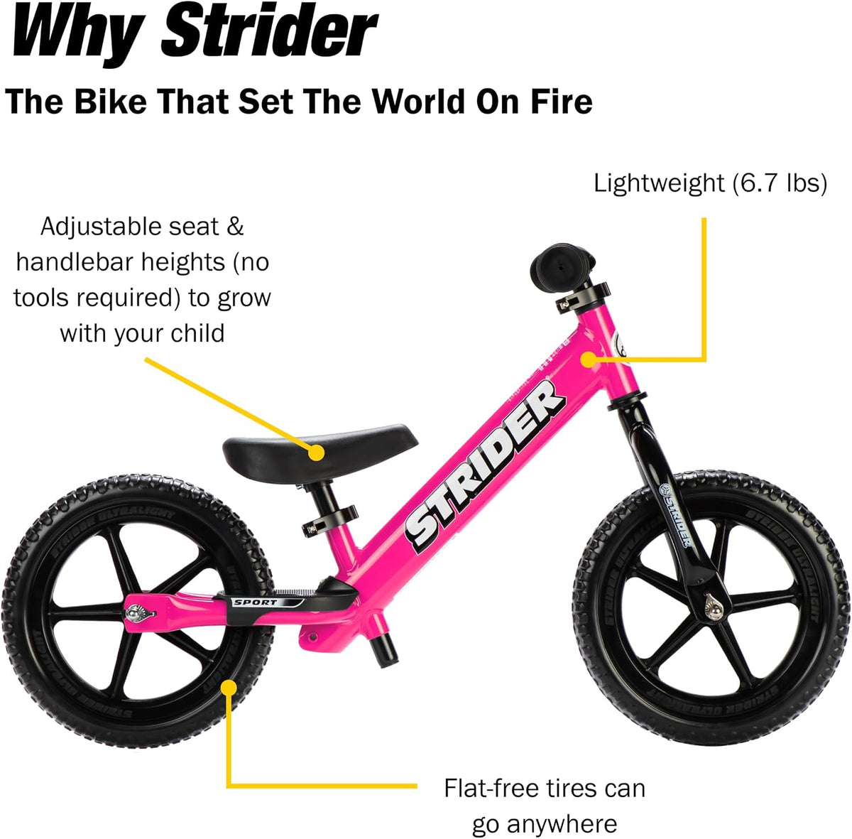 12 Sport, No Pedal Balance Bike for Kids Ages 1–4 Years, Pink