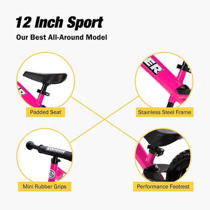 12 Sport, No Pedal Balance Bike for Kids Ages 1–4 Years, Pink